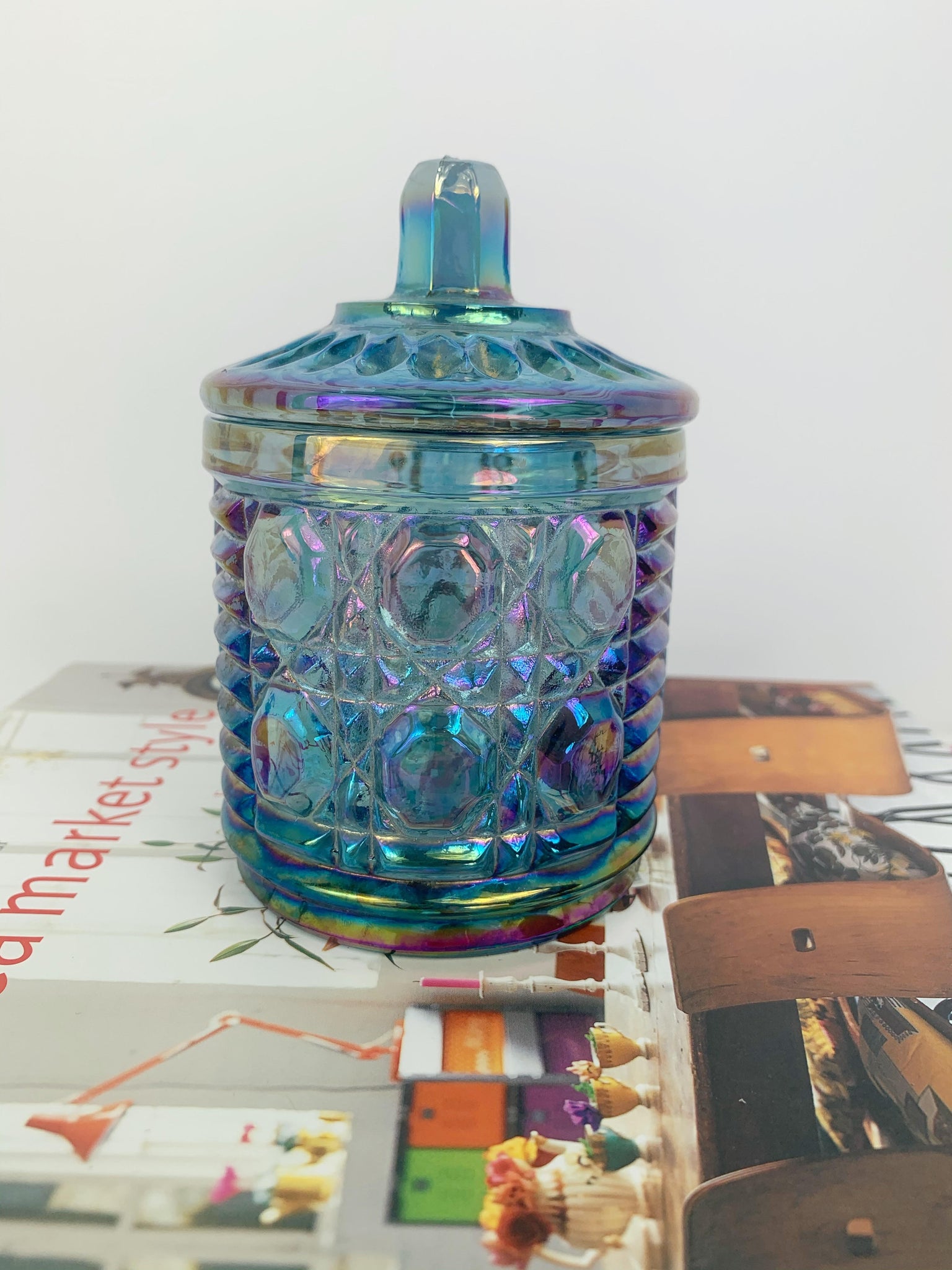 blue carnival glass container – old soul goods