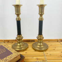 Load image into Gallery viewer, vintage home decor brass and black candlesticks
