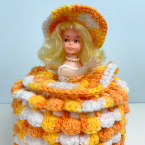 vintage home decor crocheted toilet paper holder doll