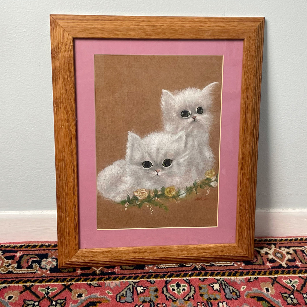 vintage home decor framed chalked kittens