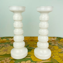 Load image into Gallery viewer, vintage home decor segmented milk glass candlesticks
