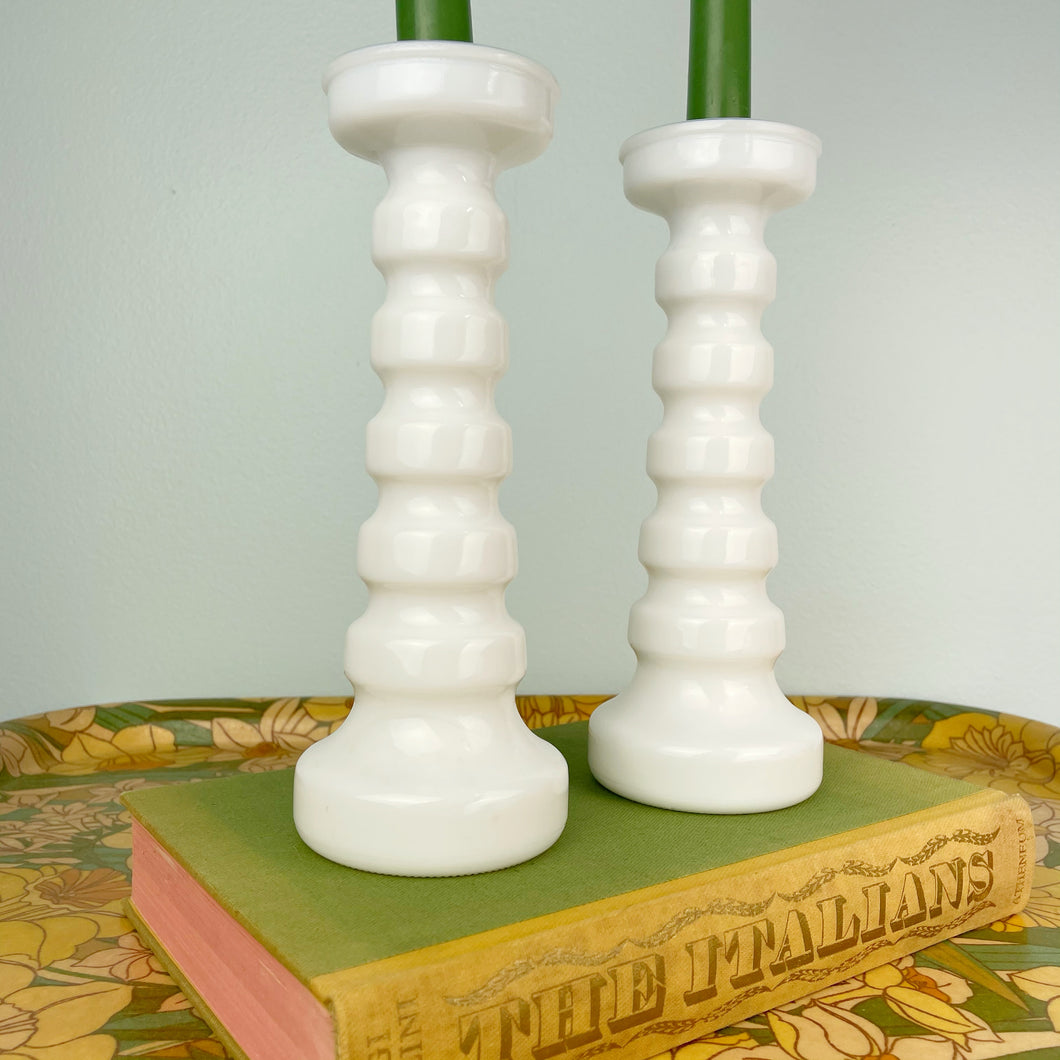 vintage home decor segmented milk glass candlesticks