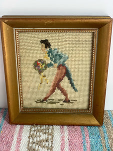 vintage home decor wall needlepoint man woman pair square
